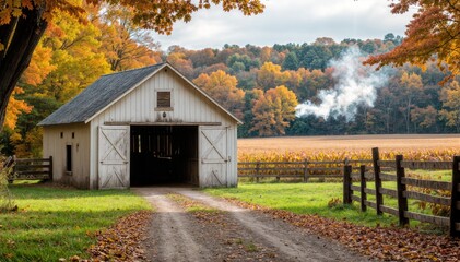 Weathered barn doors frame golden harvest fields while vintage tractor works autumn landscape