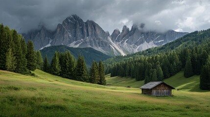Serene alpine meadow with rustic cabin nestled against dramatic jagged mountain peaks under moody, dramatic clouds