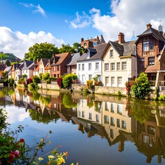 Fototapeta premium Quaint canal-side houses reflect in calm water