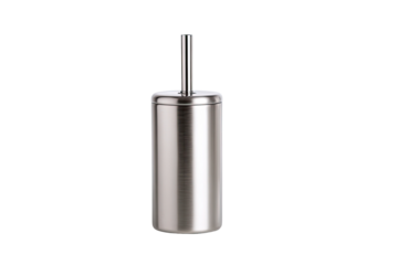 Stainless steel toilet brush.  Cylindrical brush with a long handle.  Modern design.  Clean lines.  Solid, metallic finish