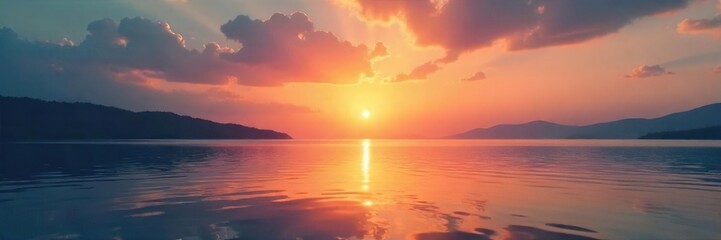 Fototapeta premium Serene sunrise over tranquil water, reflecting the peaceful atmosphere of silent prayer and meditation Perfect for themes of spirituality, hope, and inner peace , clouds, nature