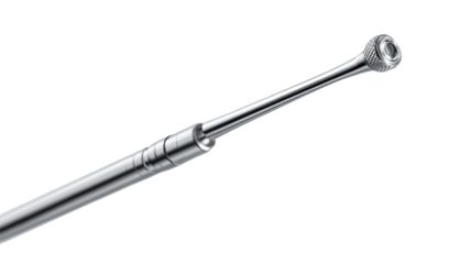 Close-up of a metallic antenna.  A long, slender, metallic rod antenna, tapered towards the tip,  is shown against a black background.