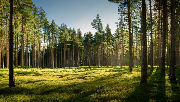 a serene forest clearing bathed in dappled sunlight with towering pine trees
