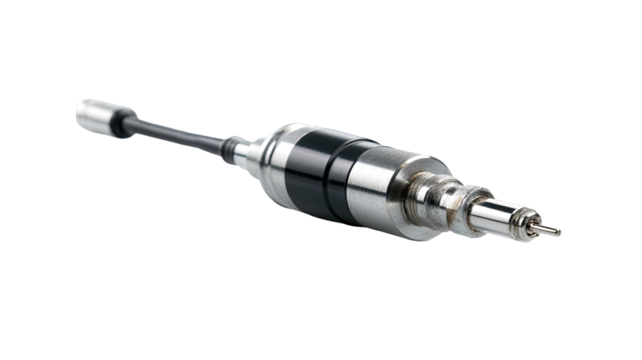 Precision metal rod, tapered, with black bands.  Mechanical component,  likely for industrial use.  Features a pointed tip