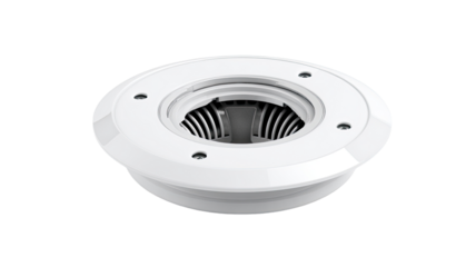 White circular component with a recessed center.  Detailed, round,  base, with a ring of inner components,  and mounting holes