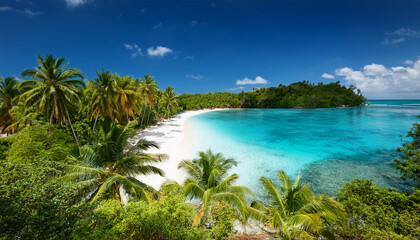 Obraz premium A Hidden Tropical Cove Fine White Sand Stretching Between Lush Palm Forests And Sparkling Azure Waters