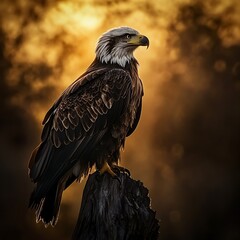 Powerful eagle silhouette framed by orange golden sunrise horizon image