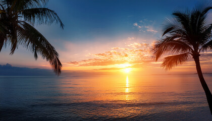 Serene Sunrise Over Ocean With Palm Trees