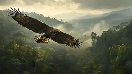 Fototapeta premium Powerful eagle soaring majestically above lush forest wilderness green picture