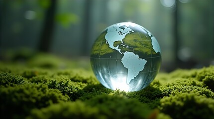 Luminous glass Earth globe on vibrant green moss in a serene forest, symbolizing global environmental protection and sustainability
