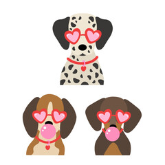 set of isolated funny dogs wearing heart glasses blowing bubblegum