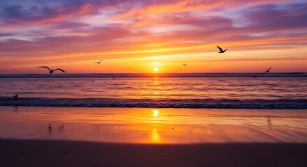 Vibrant Ocean Sunset with Flying Birds.