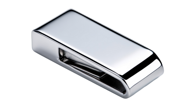 Polished metallic rectangular object, slightly angled, with a curved slot