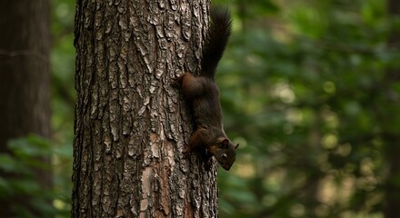 Squirrel Climbing Tree in Forest.