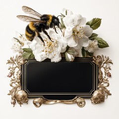 Empty Black Honey label design with flowers and bee, isolated.