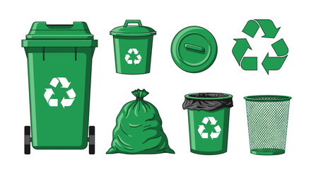An illustration of various types of green recycling bins and a recycling symbol isolated