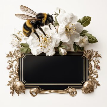 Empty Black Honey label design with flowers and bee, isolated.
