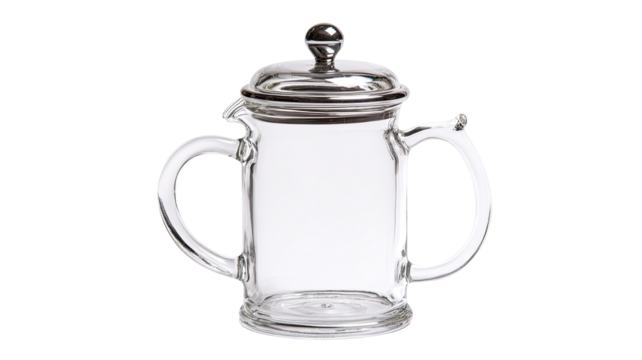 Clear glass coffee/tea pot with two handles and a metal lid