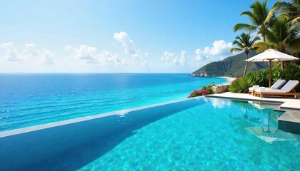 Fototapeta premium Crystal-clear water laps gently against the edge of a luxurious infinity pool, seamlessly blending with the vast expanse of the ocean horizon A breathtaking view of paradise , blue, sun