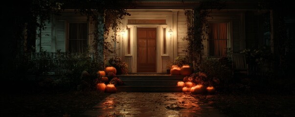 Obraz premium A cozy home decorated with glowing pumpkins for Halloween. Spooky season setting at night, perfect for holiday greeting card design.