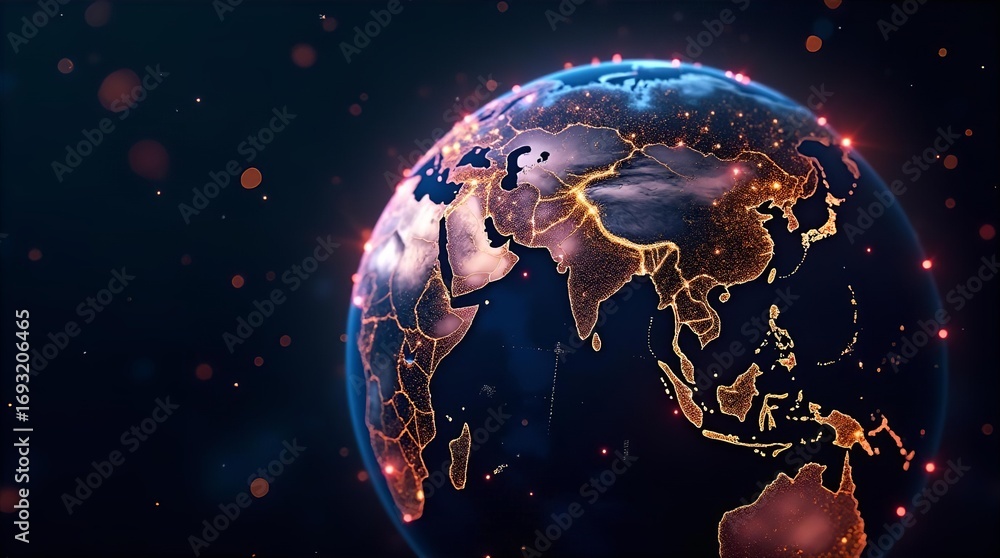Poster futuristic digital earth globe with glowing global network connections and data lights on dark backg