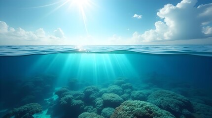 Breathtaking split view of a pristine tropical ocean with golden sun rays illuminating crystal clear blue water over a rocky coral seabed and a bright sunny sky with clouds.