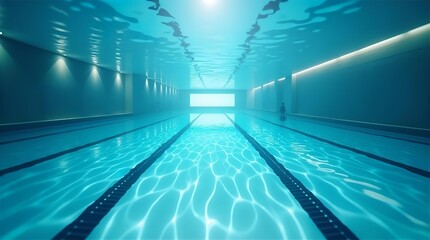 Stunning underwater view of a modern, empty lap swimming pool with clear blue water, serene reflections, and elegant lighting for fitness and relaxation.