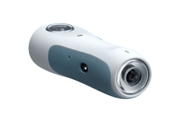 Compact, cylindrical device, light gray and teal, with two lenses