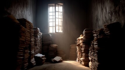 Dusty archive filled with stacks of old papers bathed in ethereal light from an open window creating a sense of history and mystery