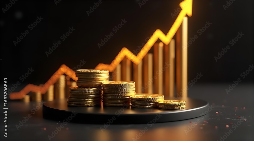 Poster professional image of golden coin stacks and a rising bar graph with an upward arrow, depicting fina