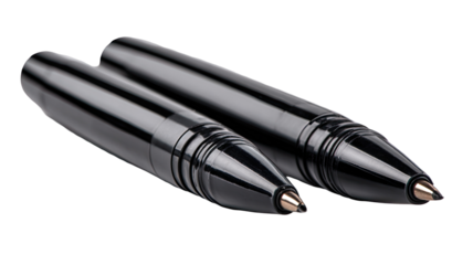 Two black ballpoint pens, close-up, angled view