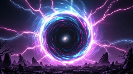 A vibrant cosmic portal glows with pink and blue energy casting light over a dark rocky alien landscape with pointed peaks and gnarled leafless trees under a starry purple sky - Powered by Adobe