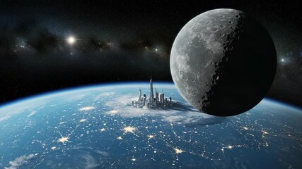 Blue Earth with Futuristic City and Gray Moon Orbiting in Starry Space Scape Digital Illustration