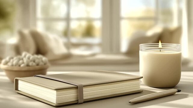 Mindful Workspace Scene with Clean Desk Setup and Candlelight