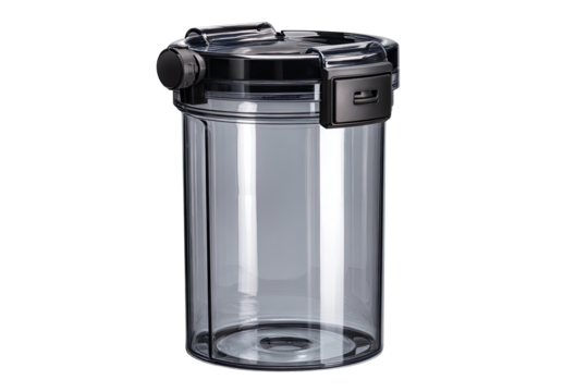 Clear plastic food storage container with black lid