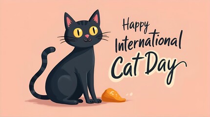 Happy International Cat Day greeting with a cute cartoon black cat, bright yellow eyes, and an orange treat on a soft pink background.