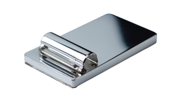 High-gloss, rectangular, metallic object with a cylindrical insert