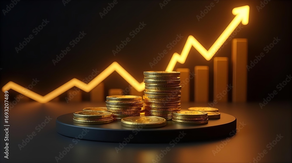 Poster golden coins on a dark background with an illuminated upward trending graph and rising bar chart rep