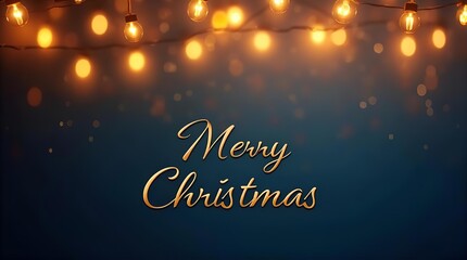 Elegant Merry Christmas golden text on dark blue background with warm glowing string lights, festive bokeh, and sparkling dust. Holiday greeting.