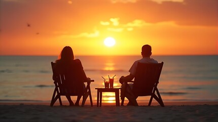 A romantic couple watches a stunning golden sunset on a peaceful beach, relaxing in chairs with cocktails by the ocean. Ideal travel vacation.