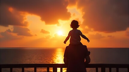 Loving father carries child on shoulders, watching a breathtaking golden hour sunset over the tranquil ocean, a cherished family travel memory.