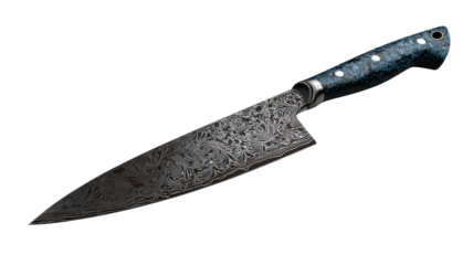 Dark steel chef's knife, intricate pattern