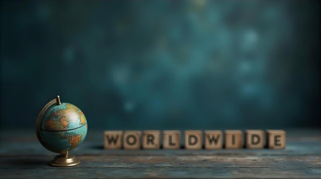 Small vintage globe and wooden WORLDWIDE blocks on dark rustic wood. Global business international travel and communication concept with moody teal background.