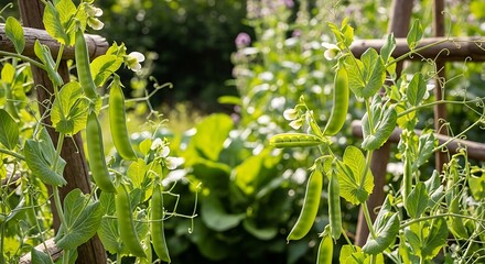 Sugar snap peas growing on a trellis in a garden.