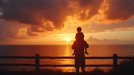 Emotional silhouette of a father with child on shoulders enjoying a breathtaking golden sunset over the vast ocean, a beautiful family memory.