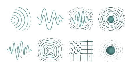 Audio waves linear icons set. featuring amplitude, frequency, equalizer, vibration, oscillation, and echo..