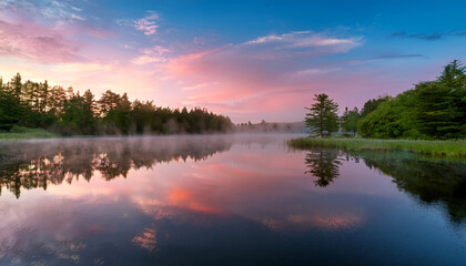 Obraz premium Serene Lake Reflects Soft Pink Glow Sunrise Misty Vapors Rise Surface Towards Backdrop Lush Green Trees