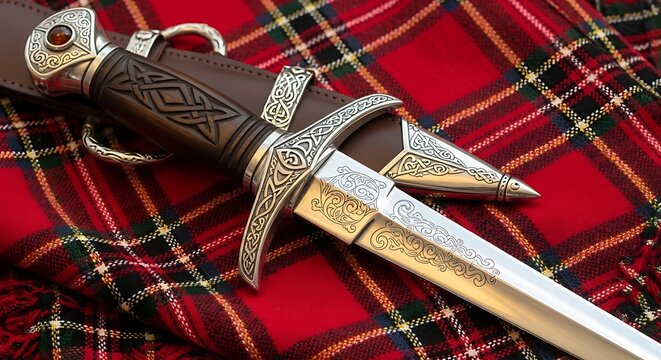 Scottish Dirk Dagger on Red Tartan Fabric. - Powered by Adobe