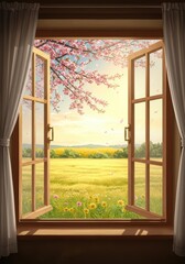 Open Window View Blooming Trees and Fields