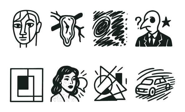 Art movement linear icon set. featuring cubism, surrealism, abstract, dada, bauhaus, futurism, expressionism.